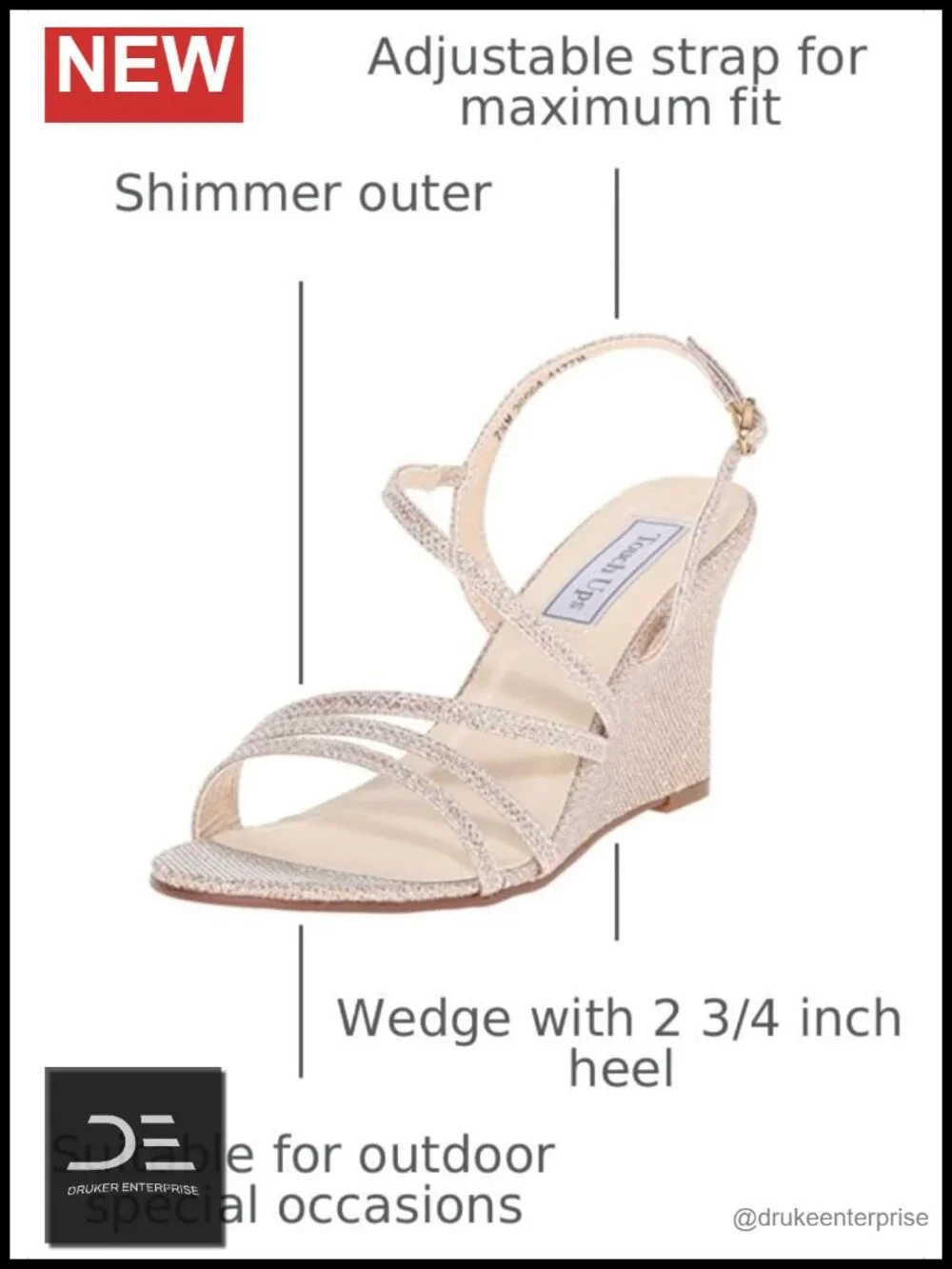 Touch Ups Paige Wedge Heels Open Toe Adjustable Buckle Glitter Rhinestone Semi